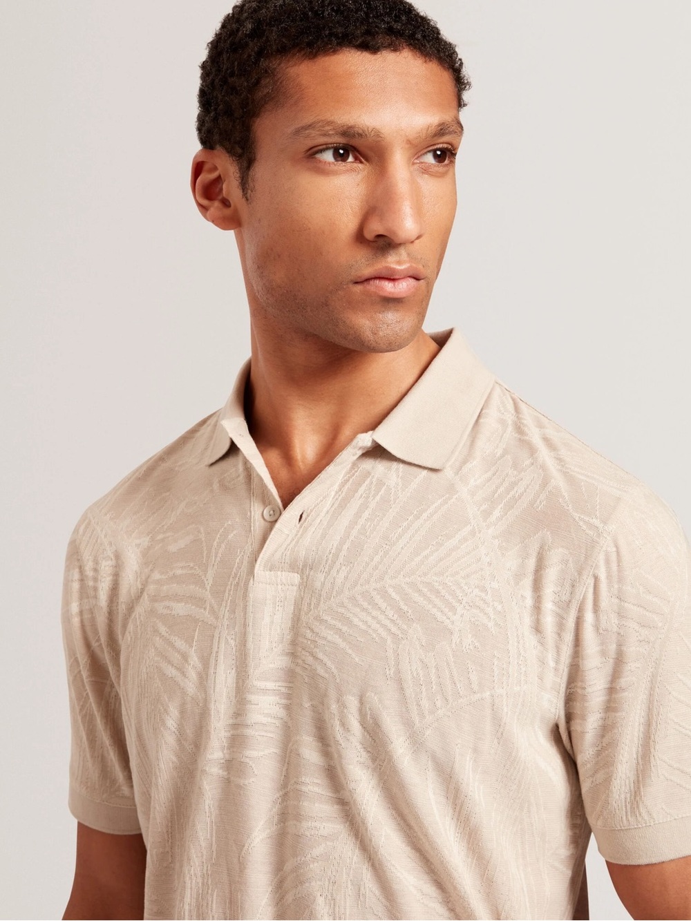 Ted Baker Leaf Print Polo - Beige. Size 7